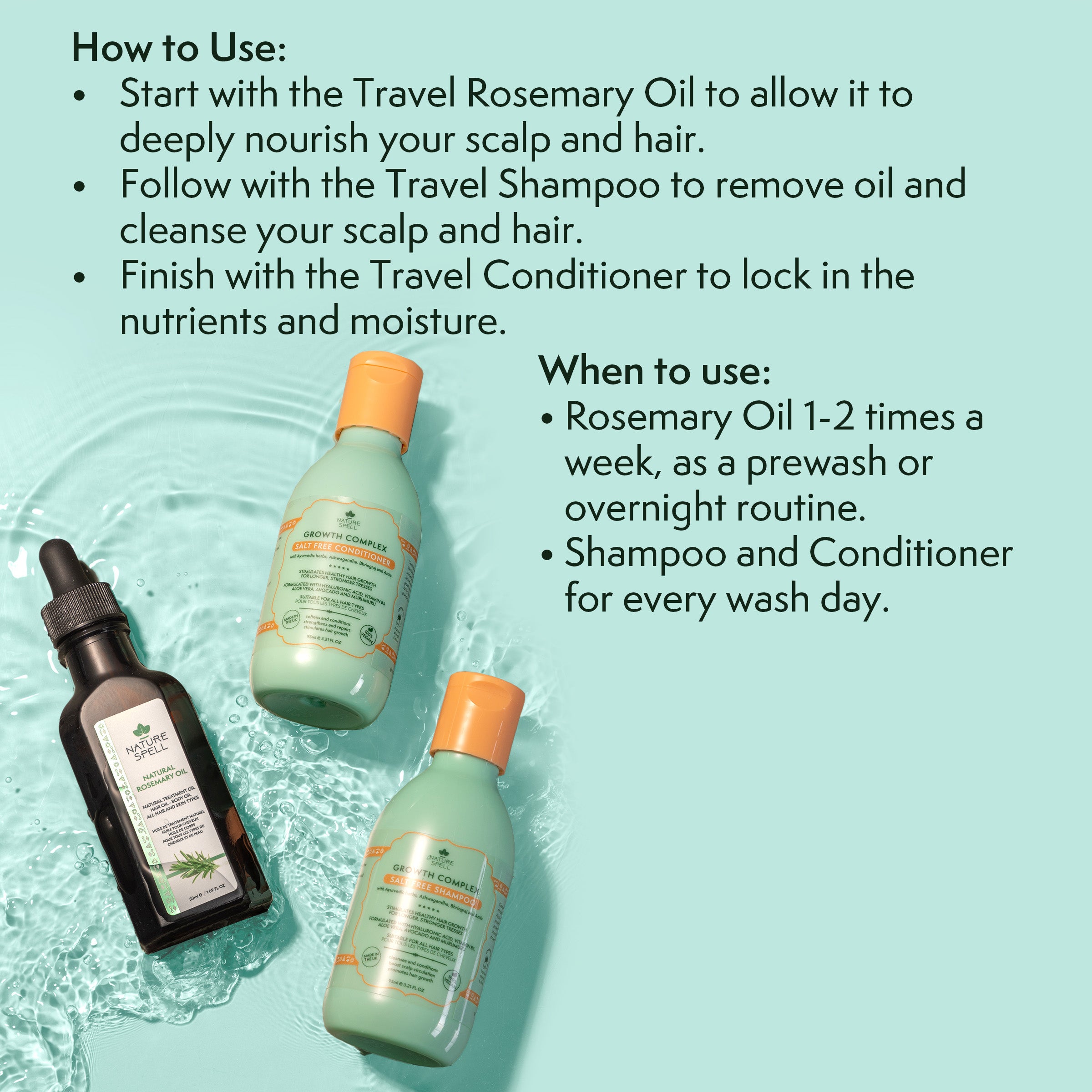 Growth Complex Trio – Rosemary Oil with Growth Complex Shampoo & Conditioner Travel Size